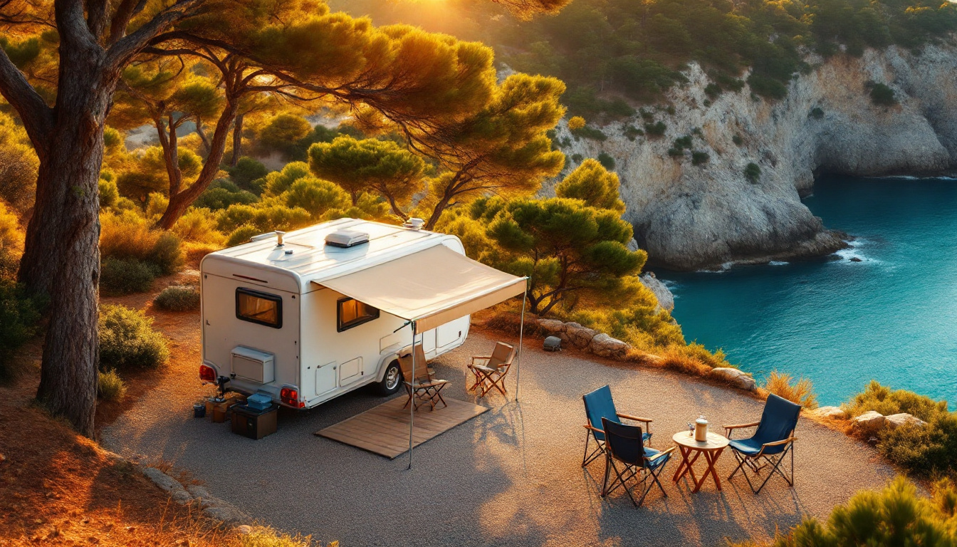 Beste Campingplätze Costa Brava: Stellplatz mit Wohnwagen zwischen Pinien über türkisfarbener Bucht