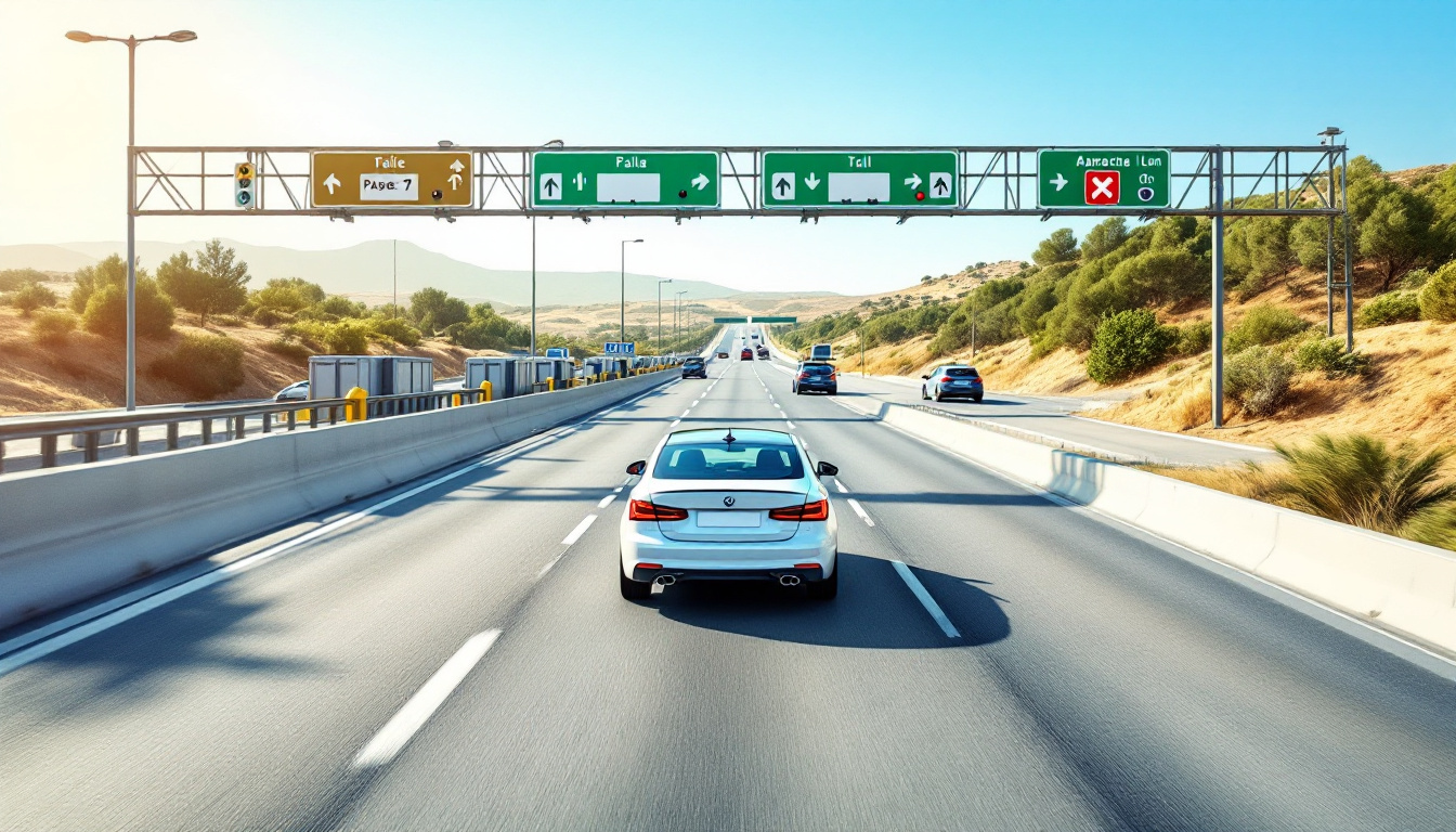 Mautstation an einer Autopista zeigt die Maut in Spanien mit dem Auto