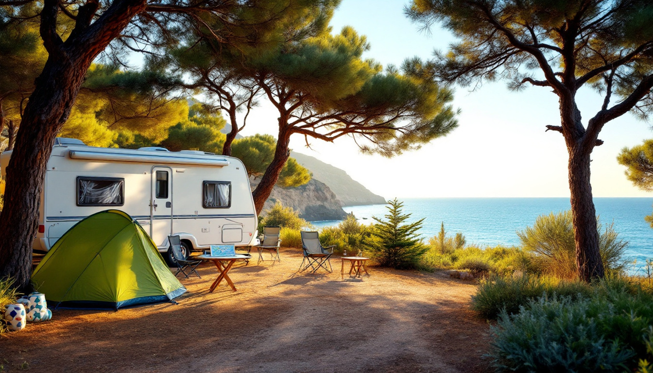 Mein Camping in Spanien: Wohnwagen und Zelt auf einem Stellplatz an der Küste unter Pinien