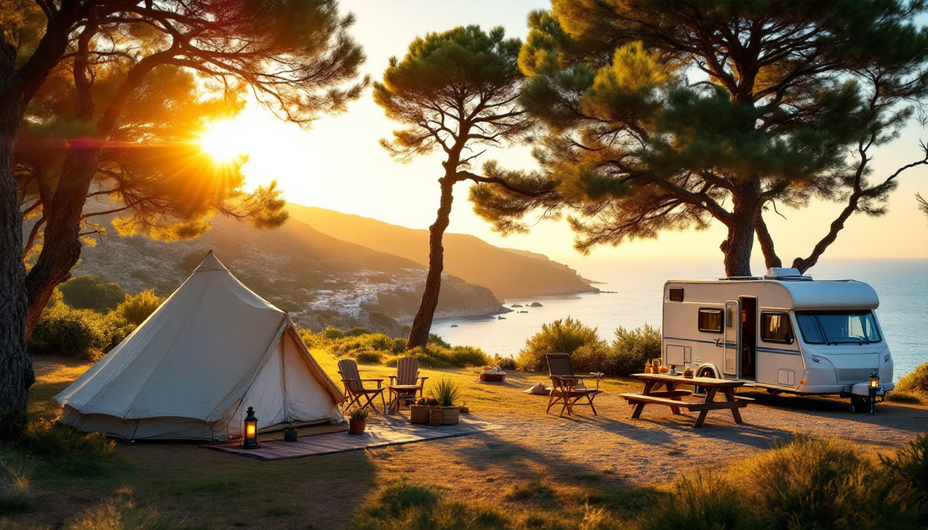 Schönste Campingplätze in Spanien: Zelt und Wohnwagen unter Pinien mit Blick auf die Mittelmeerküste