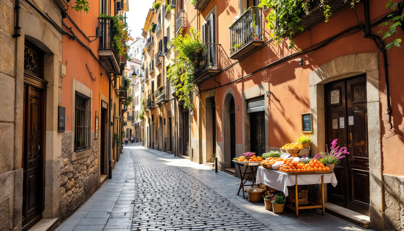 Sehenswürdigkeiten Barcelona Geheimtipps: ruhige Gasse im Viertel El Born mit Marktstand und Jugendstilfassaden