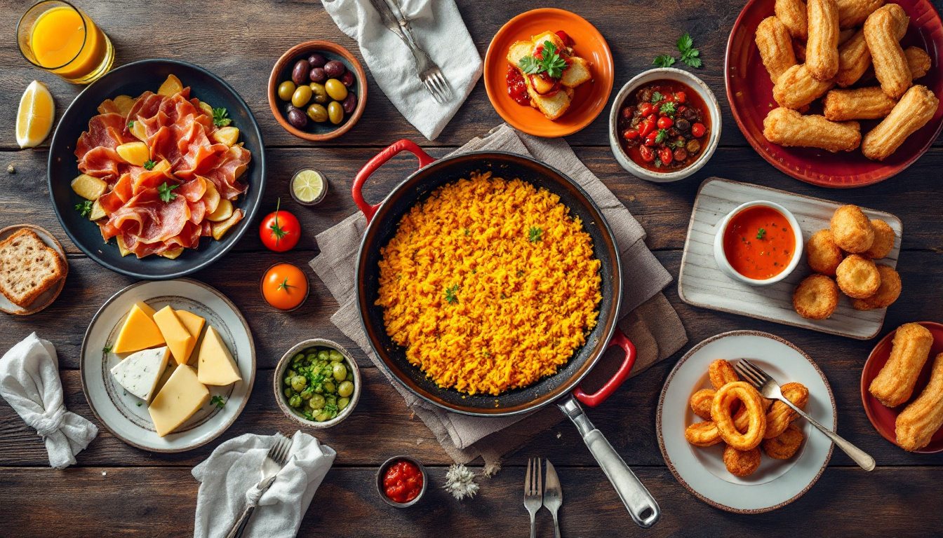 Typisch spanisches Essen als Liste auf einem Holztisch mit Paella, Jamón, Tapas und Käse