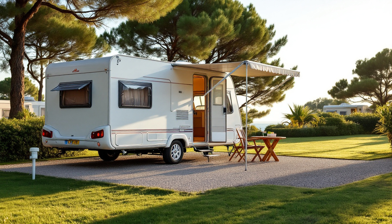Stellplätze mit Wohnwagen auf einem Campingplatz an der spanischen Küste
