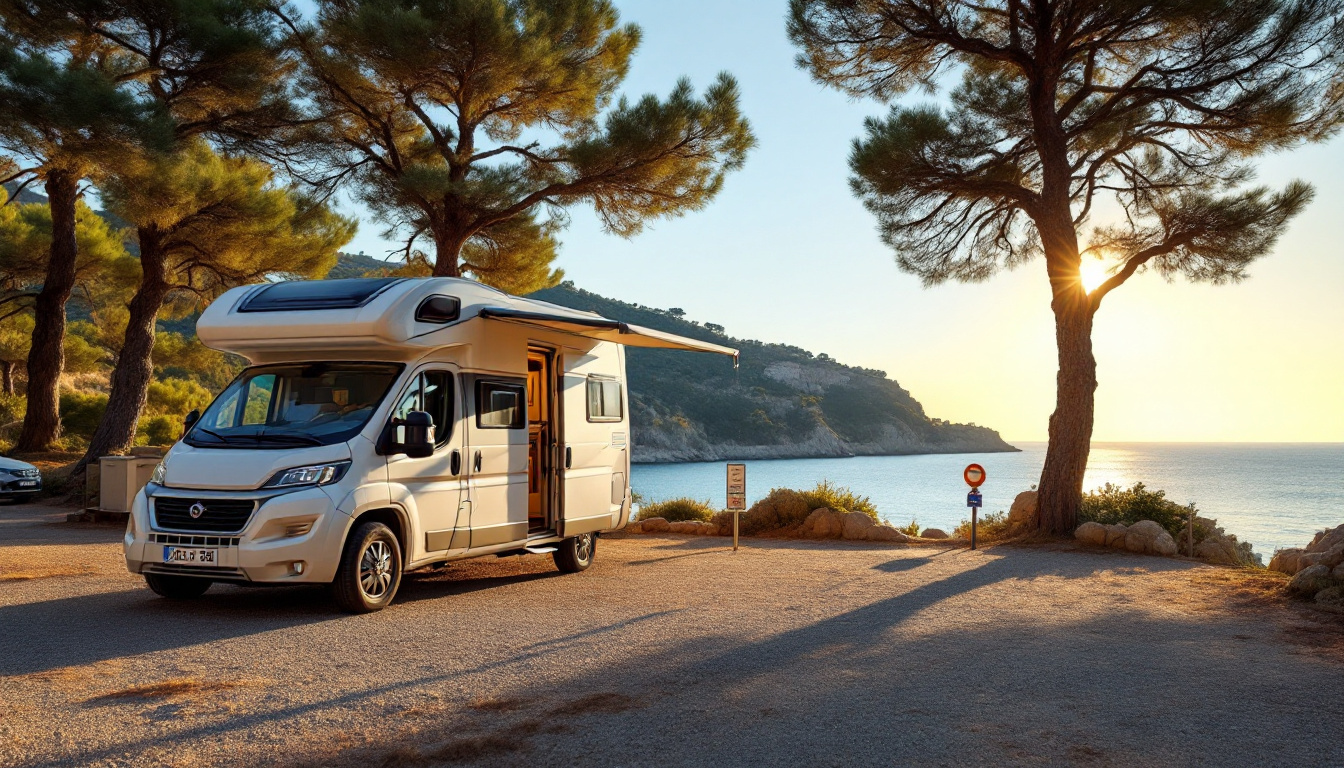 Wohnmobil auf einem Stellplatz am Wasser an der spanischen Mittelmeerküste