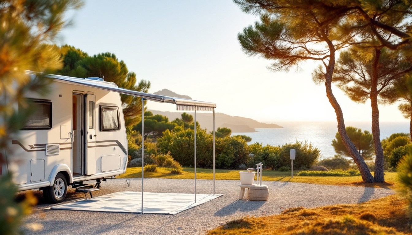 Stellplatz für den Wohnwagen an der spanischen Küste mit Stromanschluss und Meerblick
