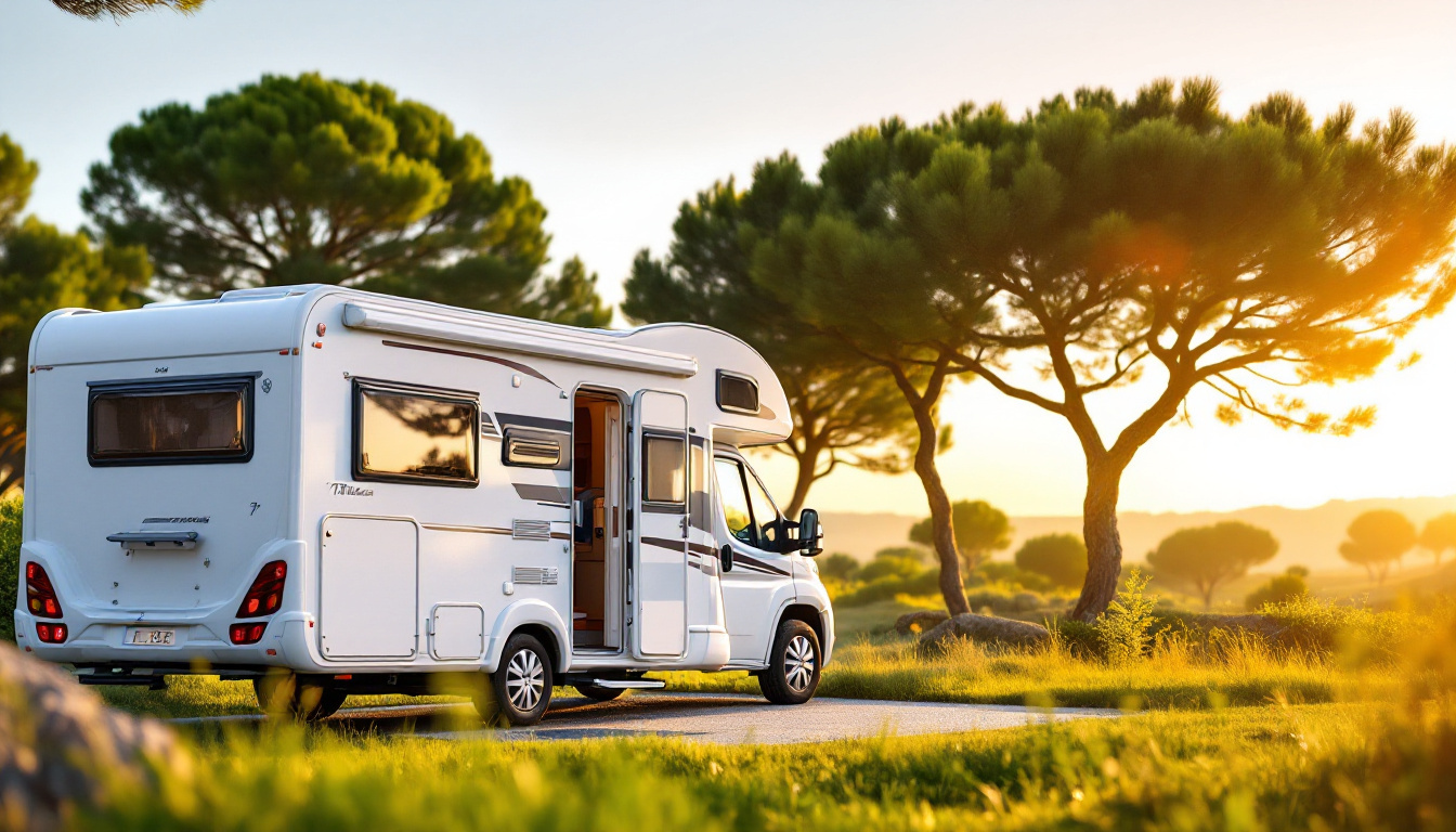 Wohnwagen auf Stellplatz mit Strom- und Wasseranschluss an der spanischen Küste